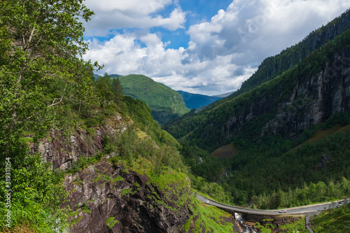View of the Skjervsfossen from the top in summer, seen from the base. Norway. July 2019