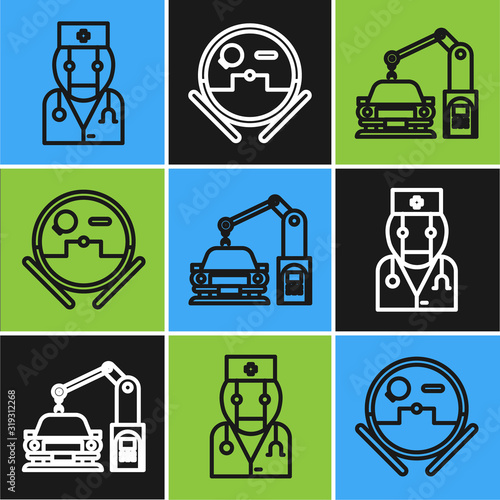 Set line Robot doctor, Industrial machine robotic robot arm hand and Robot vacuum cleaner icon. Vector