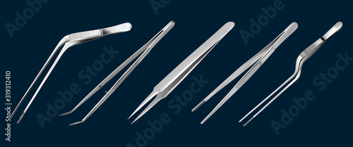 Set of tweezers. Long serrated angled tweezers, anatomical forceps, dental straight surgical pincers, curved tweezers, bayonet pincette. Manual surgical instrument. Vector illustration