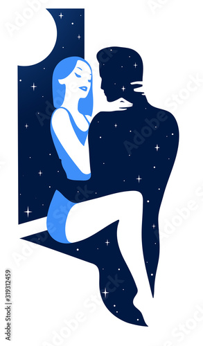 Vector illustration of a young couple in love. Starry night and moonlight.