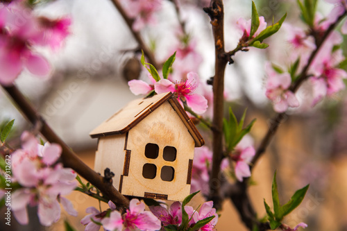 The concept of the beginning of spring. Miniature house on a flowering branch close-up and copy space. Wooden house and flowers as a postcard for the holiday.