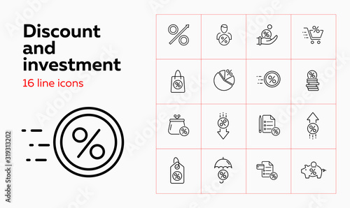 Discount and investment icon set. Set of line icons on white background. Manager, discount, sale, bank. Finance concept. Vector illustration can be used for topics like banking, investment, profit