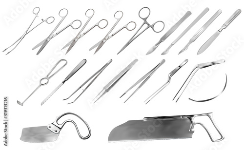 Set of surgical instruments. Tweezers, scalpels, Liston s amputation knife, clamp, scissors, Folkman hook, Meyer forceps, needle, Langenbek saw, Satterlee Bone Saw, Plaster saw Bergman. Vector