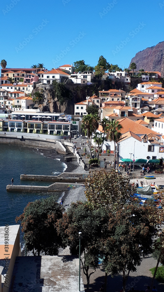 Camara de Lobos is a picturesque fishing village with high cliffs near the city of Funchal Madeira . Winston Churchill loved to paint this village