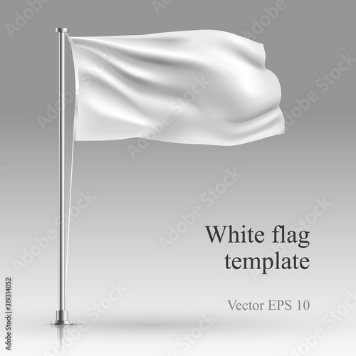 White flag stand on steel pole  template isolated on gray. Realistic vector illustration waving fabric in the wind on metal pillar.  