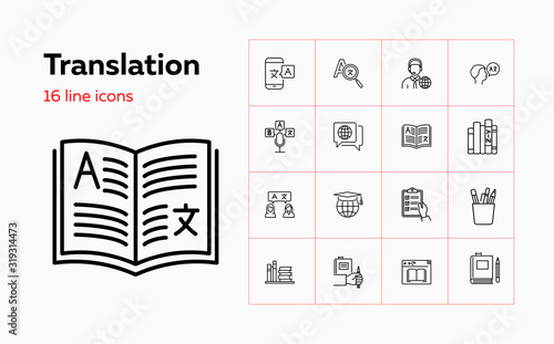 Translation icons. Set of line icons. Dictionary, online translator, language. Linguistics concept. Vector illustration can be used for topics like education, communication, applications