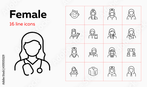 Female line icon set. Baby girl, cashier, woman, nurse. People concept. Can be used for topics like age, job, occupation