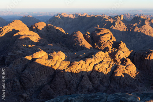 Egypt. Mount Sinai in the morning at sunrise. (Mount Horeb, Gabal Musa, Moses Mount). Pilgrimage place and famous touristic destination.