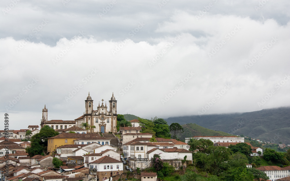 Cityscape of colonial city of Ouro Preto with Nossa Senhora do Carmo church