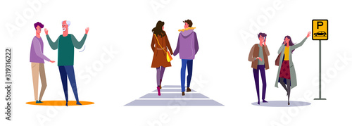 Set of father and son discussing and arguing. Flat vector illustrations of couples going out on date. Argue, dating, ordering taxi concept for banner, website design or landing web page