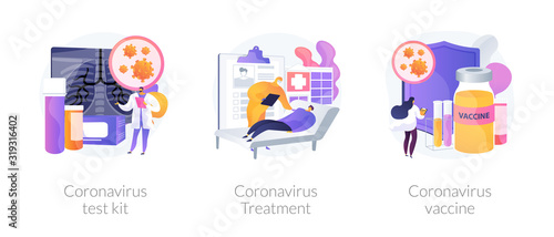 Virus diagnosis and patient treatment abstract concept vector illustration set. Coronavirus test kit, coronavirus patient isolation quarantine and treatment, vaccine development abstract metaphor.