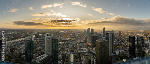 Panorama with evening mood of the skyscrapers and impressive sky with sunset in Frankfurt Germany