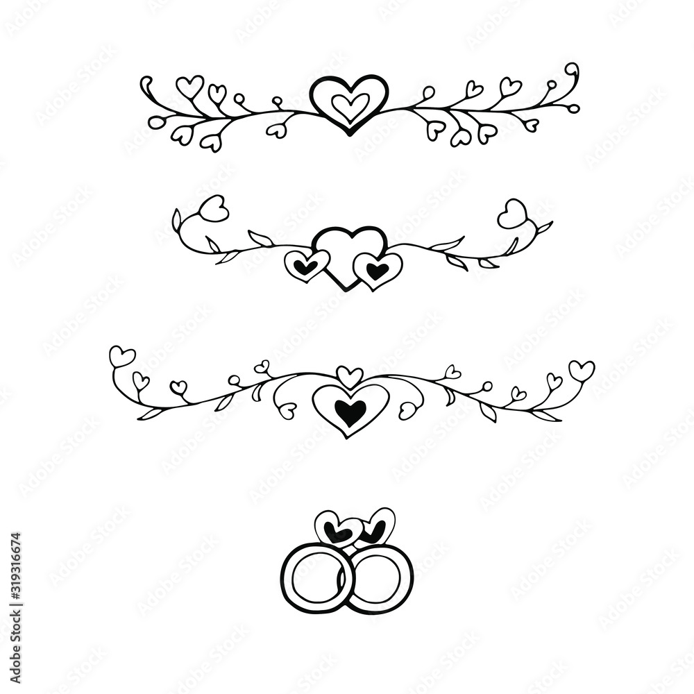 Set of frames and rings hand drawing doodle. Outline. Suitable for Valentine's day design and wedding. Stock vector illustration.