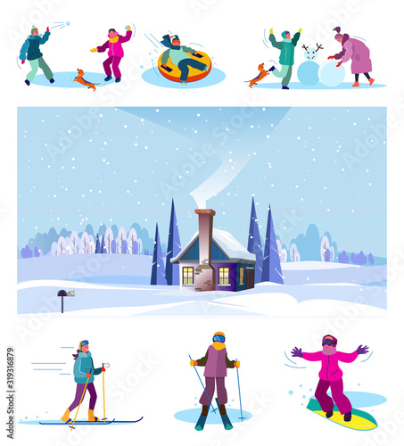 Winter activities for kids set. Children skiing, snowboarding, country landscape with house. Flat vector illustrations. Country, vacation concept for banner, website design or landing web page