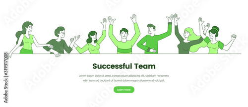 Successful team web banner vector template. Business company, corporate team building website landing page concept. Happy colleagues, office workers outline illustration with text space