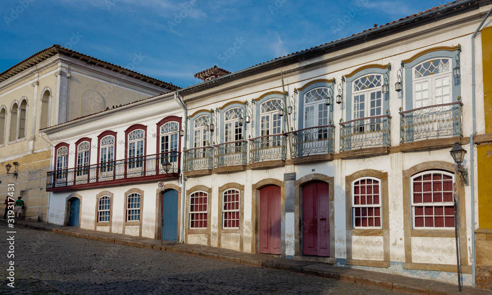 Colorful colonial buildings in Tiradentes square in Ouro Preto, Brazil.