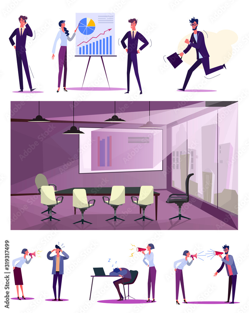 Employees efficiency set. Lazy worker late for work, sleeping at workplace, meeting room. Flat vector illustrations. Useless manager, failure concept for banner, website design or landing web page