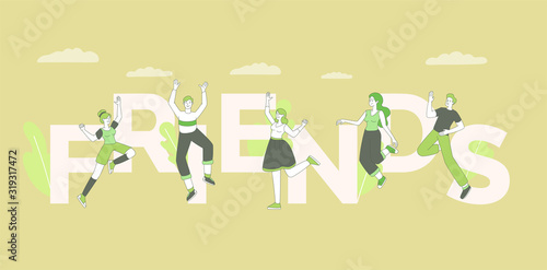 Friends word concept banner vector template. Friendly relationship, community concept, friendship day celebration poster design with typography. Joyful young adults, positive people jumping in air
