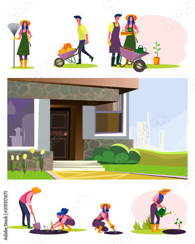 Couple of gardeners set. Man and woman growing plants, gathering harvest, suburb house . Flat vector illustrations. Country, lifestyle concept for banner, website design or landing web page