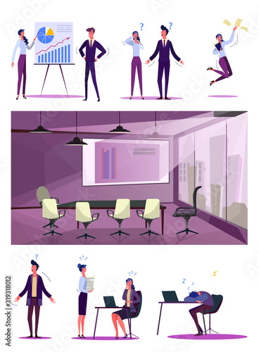 Office losers set. Useless puzzled employees sleeping at workplace, shrugging, questions. Flat vector illustrations. Inefficient manager, failure concept for banner, website design or landing web page