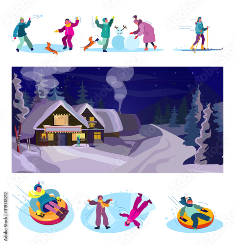 Winter recreation set. Children skiing, playing snowballs, having fun, mountain ski resort. Flat vector illustrations. Active kids, leisure concept for banner, website design or landing web page
