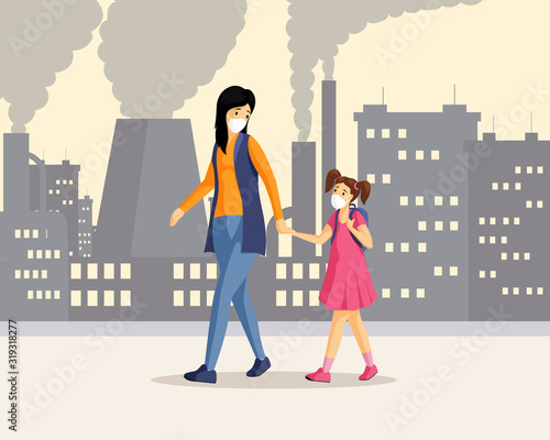 Mother, daughter in polluted city illustration. Woman and little girl holding hands and walking in industrial district cartoon characters, inhaling toxic gas waste. People wearing respirators
