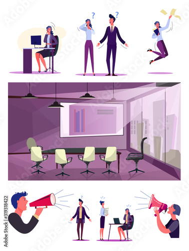 Inefficient employees set. Confused irresponsible employees throwing papers, shrugging. Flat vector illustrations. Business losers, failure concept for banner, website design or landing web page