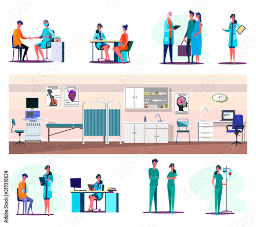 Doctor office set. Patient visiting physicians, nurses, hospital interior. Flat vector illustrations. Medical help, examination, treatment concept for banner, website design or landing web page