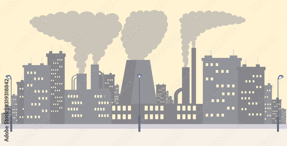 Naklejka premium Industrial district cityscape flat simple illustration. Plant emitting smoke, gas waste and dust cartoon background. Urban air pollution, environment contamination with danger emissions, co2 problem