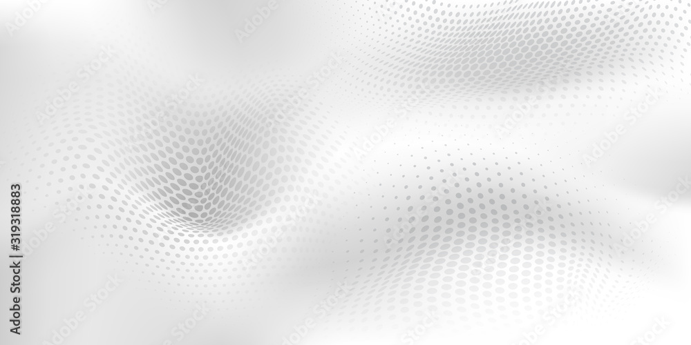 Abstract halftone background with wavy surface made of dots in white and gray colors