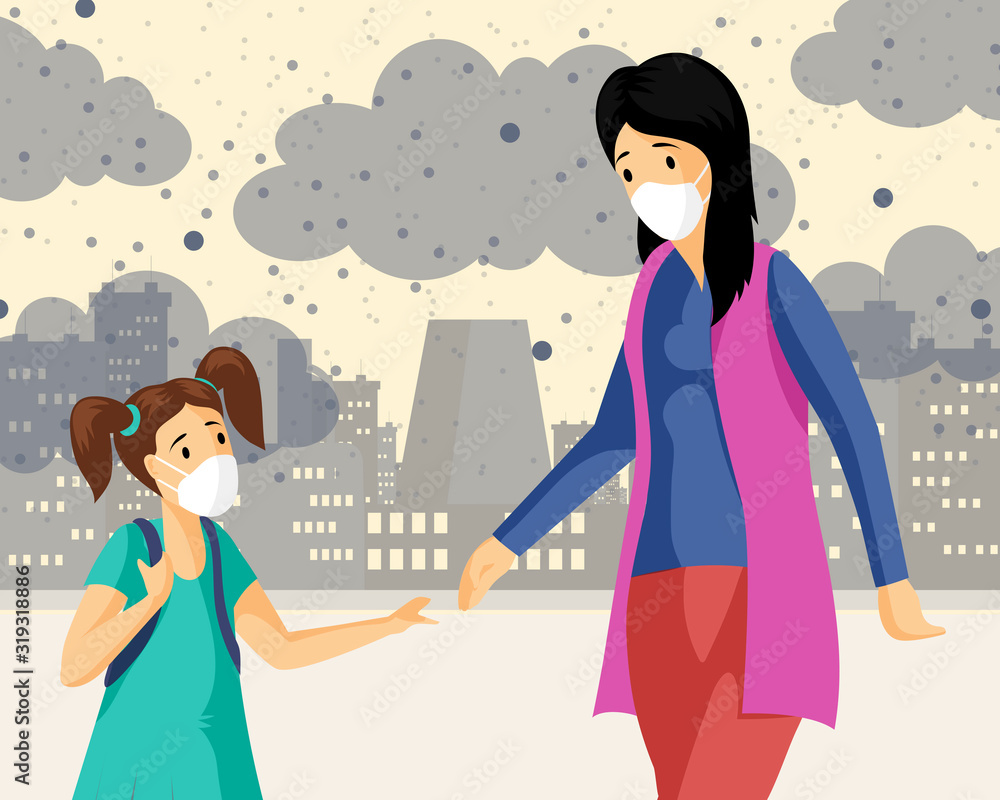 Mother, daughter wearing masks flat illustration. Woman with little girl walking at industrial district, breathing smog and dust cartoon characters. City air pollution, plants emissions urban problems