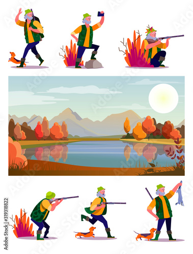 Hunter outdoors set. Man shooting riffle, holding shot animal, autumn landscape. Flat vector illustrations. Hobby, sport, activity concept for banner, website design or landing web page