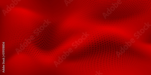 Abstract halftone background with wavy surface made of dots in red colors