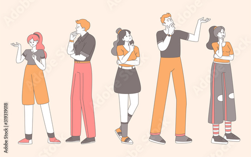Stylish people in doubt flat illustration. Pretty girls, guys making decision with uncertain facial expressions and gestures contour isolated characters. Puzzled, pensive men and women thinking