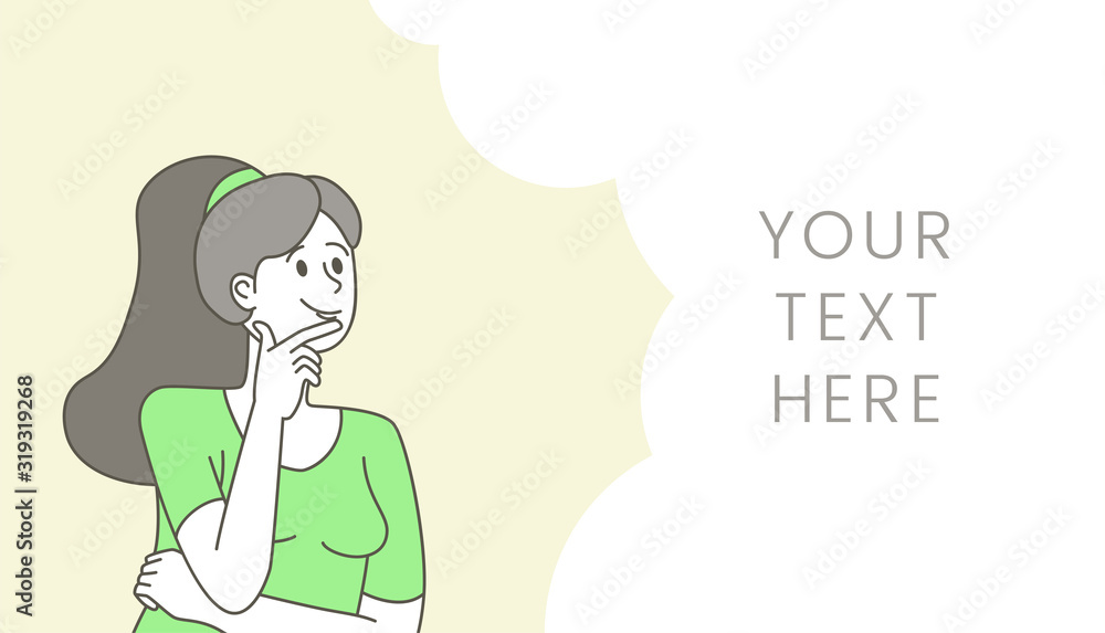 Searching idea flat banner design template. Young woman solving problem, making decision outline cartoon character with empty speech bubble. Confused, pensive girl thinking and text space
