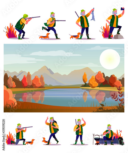 Hunting game set. Man with riffle and dog running, shooting, autumn landscape. Flat vector illustrations. Hunter, sport, outdoor activity concept for banner, website design or landing web page