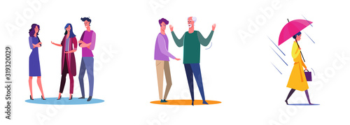 Set of people discussing and arguing. Flat vector illustrations of woman walking in rain. Argue  communication  raining concept for banner  website design or landing web page