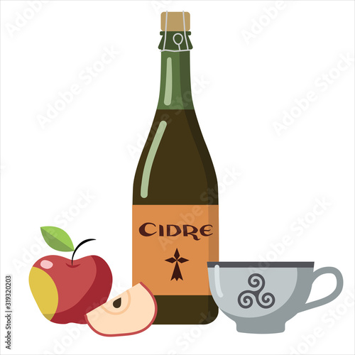 Fotografija Bottle of  french cider, bowl  and apples on white background