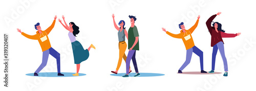 Set of woman and man dancing and waving hands. Flat vector illustrations of couple walking together. Dancing, entertainment, going out concept for banner, website design or landing web page