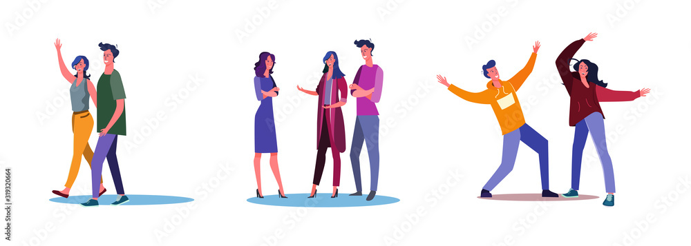 Set of people chatting and dancing together. Flat vector illustrations of couple greeting and waving hands. Communication, dancing, going out concept for banner, website design or landing web page Set of people chatting and dancing together. Flat vector illustrations of couple greeting and waving hands. Communication, dancing, going out concept for banner, website design or landing web page