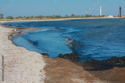 The coast of Jarylgach Island, Ukraine. Blue waves of the Black Sea. photo