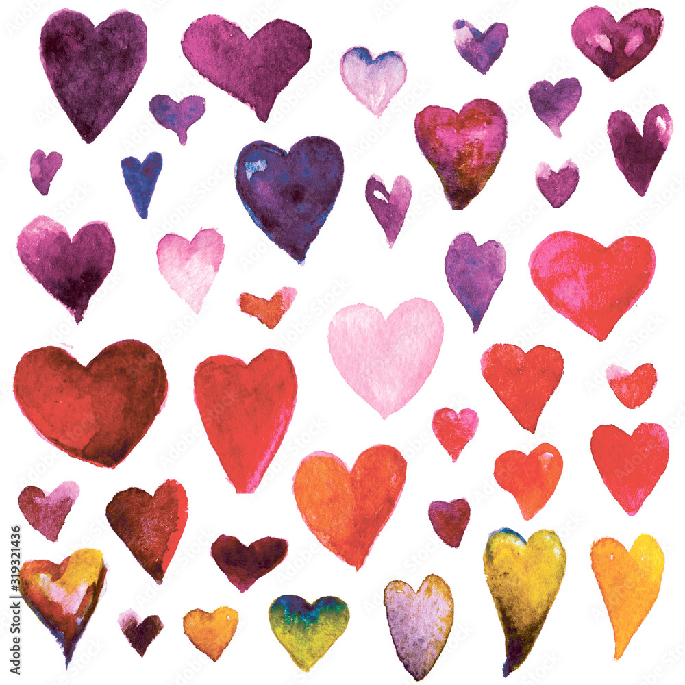 Fototapeta premium Set of colored watercolor hearts. Design for Valentine's day