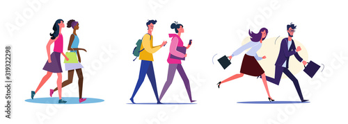 Set of friends going out in leisure time. Flat vector illustrations of business people rushing to work. Going out, walking, rush, deadline concept for banner, website design or landing web page