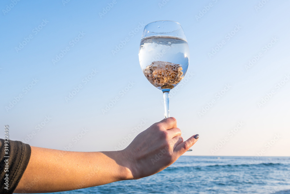 Girl with a glass by the sea