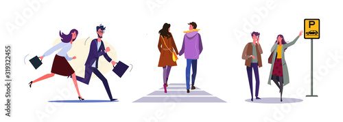 Set of business people rushing to workplace. Flat vector illustrations of couple walking around city on date. Rush, public transport, dating concept for banner, website design or landing web page