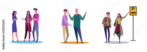 Set of people disputing and arguing. Flat vector illustrations of friends ordering taxi by call. Argue, discussion, public transport concept for banner, website design or landing web page