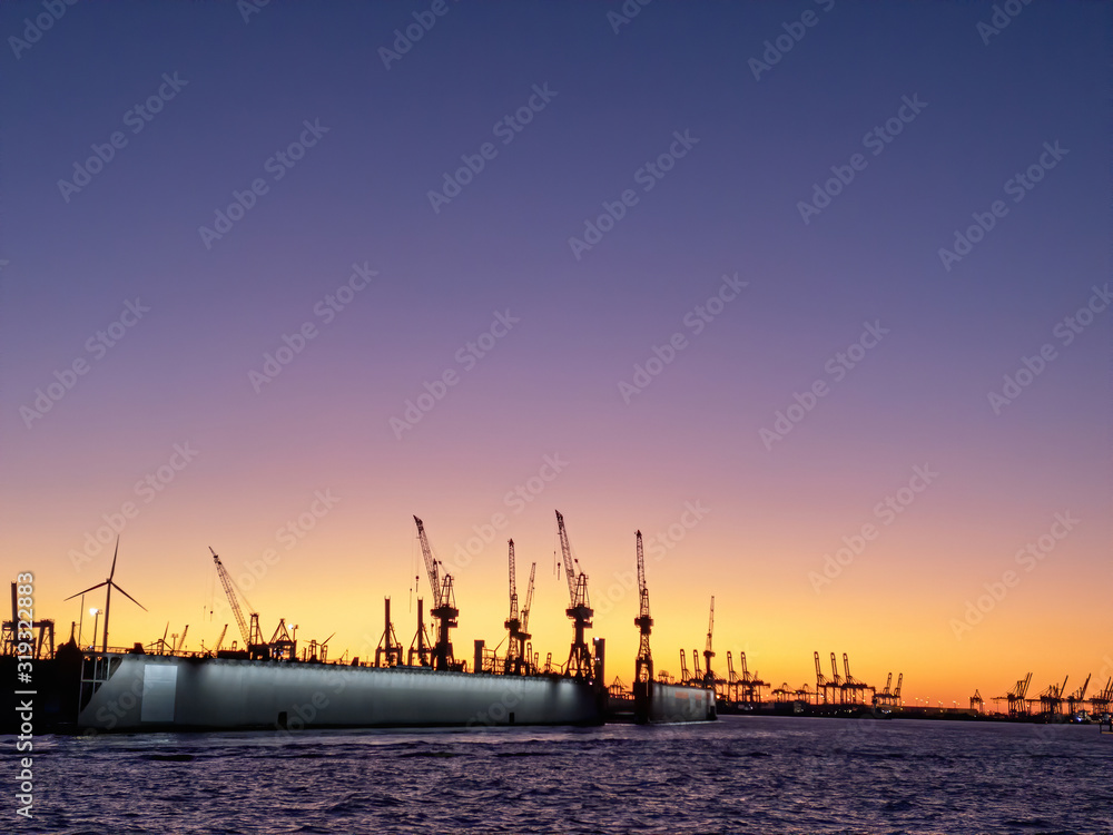 Hamburg harbor with great sunset
