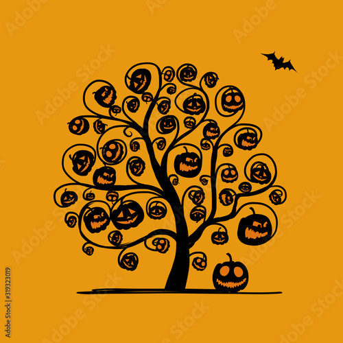 Halloween tree with pumpkins, sketch for your design