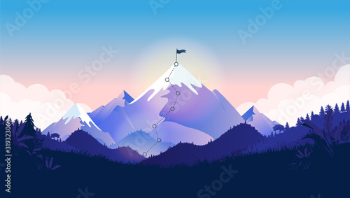 Flag on mountain top. Majestic mountain with trail to the top in a beautiful landscape. Metaphor for great business challenge to overcome before success and reach your goals. Vector illustration.