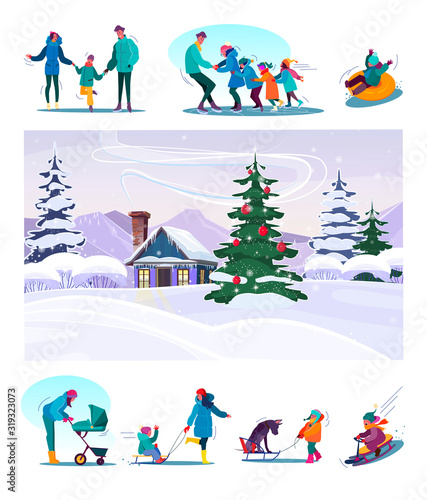 Christmas vacation set. Families and kids enjoying outdoor activities, country winter landscape. Flat vector illustrations. New year, countryside concept for banner, website design or landing web page